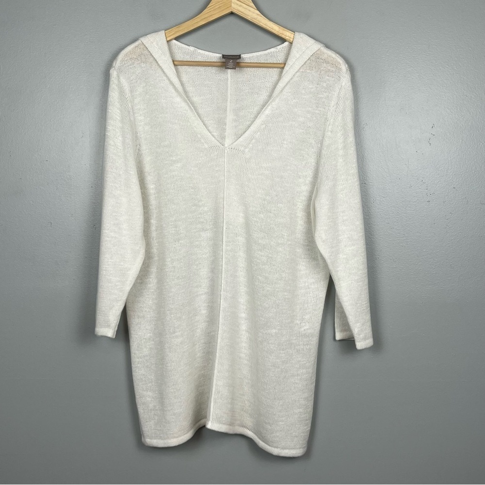 Chico’s white ramie rayon blend open knit hooded pullover sweater, 2 = large.